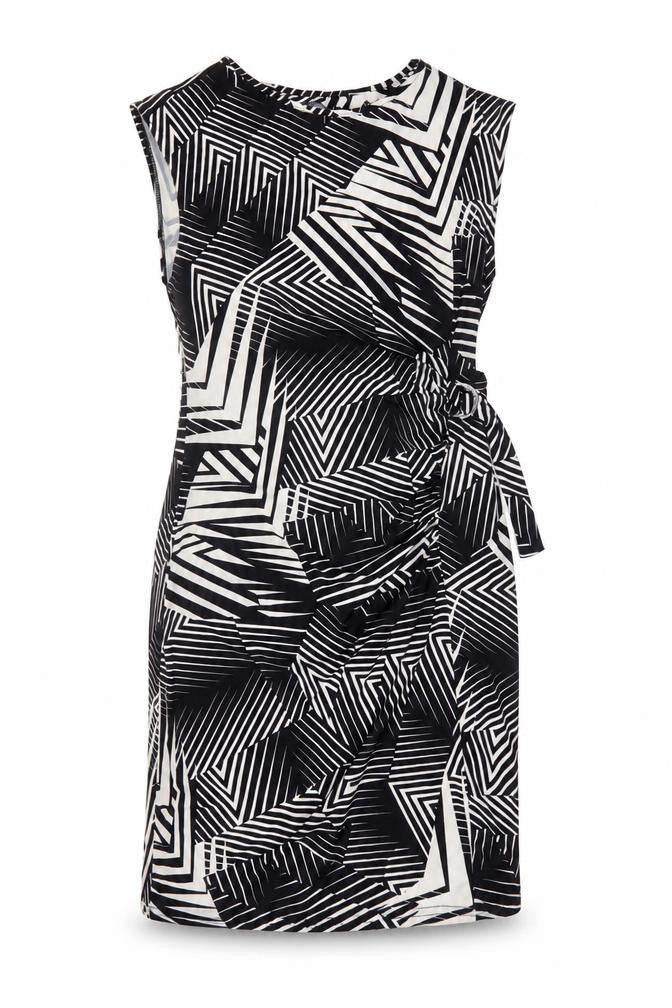 Preworn Womens Black Geometric Polyester Shift One Size Boat Neck Buckle - Tie Detail