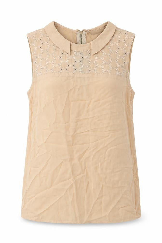 Front view of Oasis women’s beige viscose basic blouse, size UK 10, collared