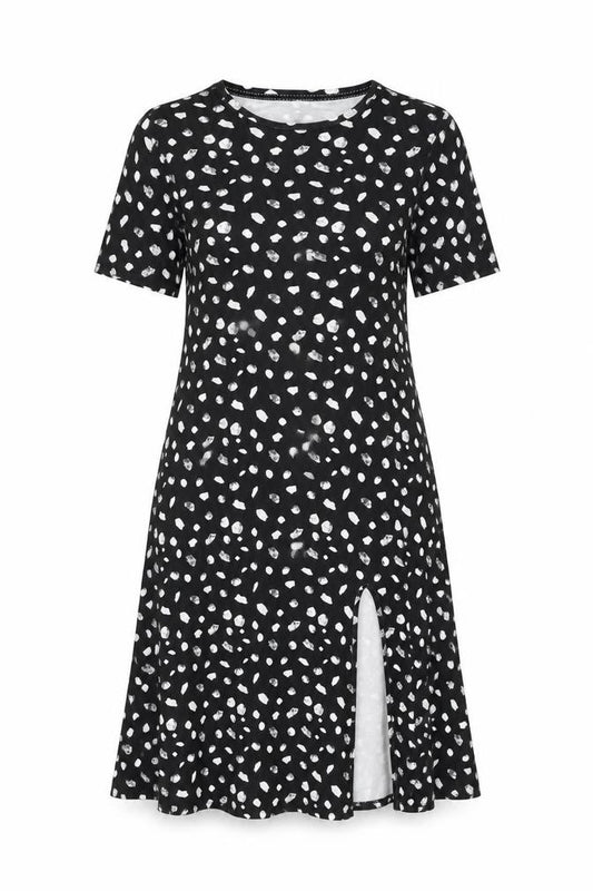 Front view of Urban Threads women’s black animal print polyester a-line, size UK 8, round neck pullover