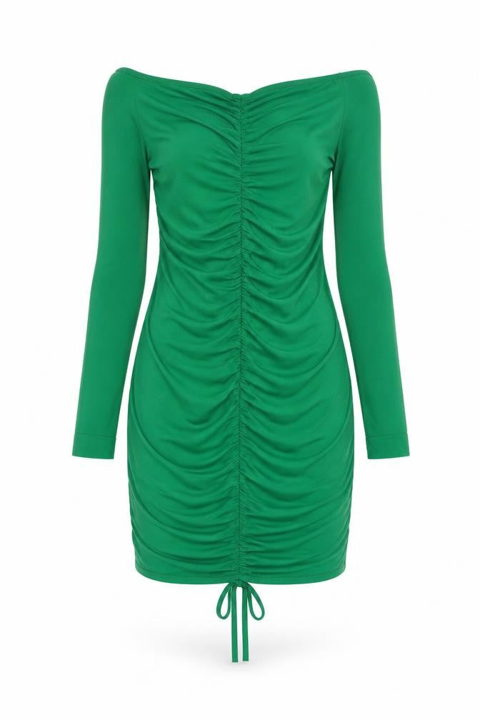 Front view of I SAW IT FIRST women’s green polyester bodycon one size off the shoulder drawstring