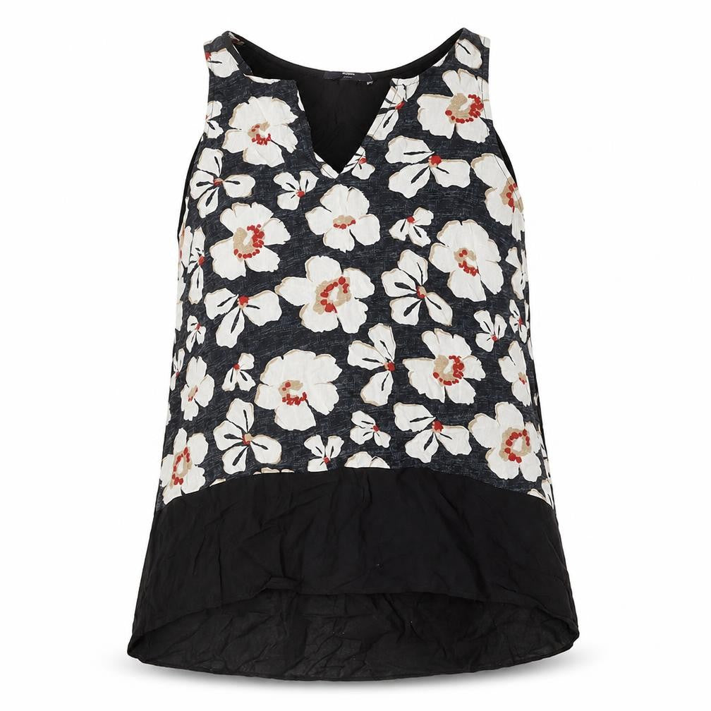 Front view of Gap women’s black floral polyester basic tank, size M, v-neck