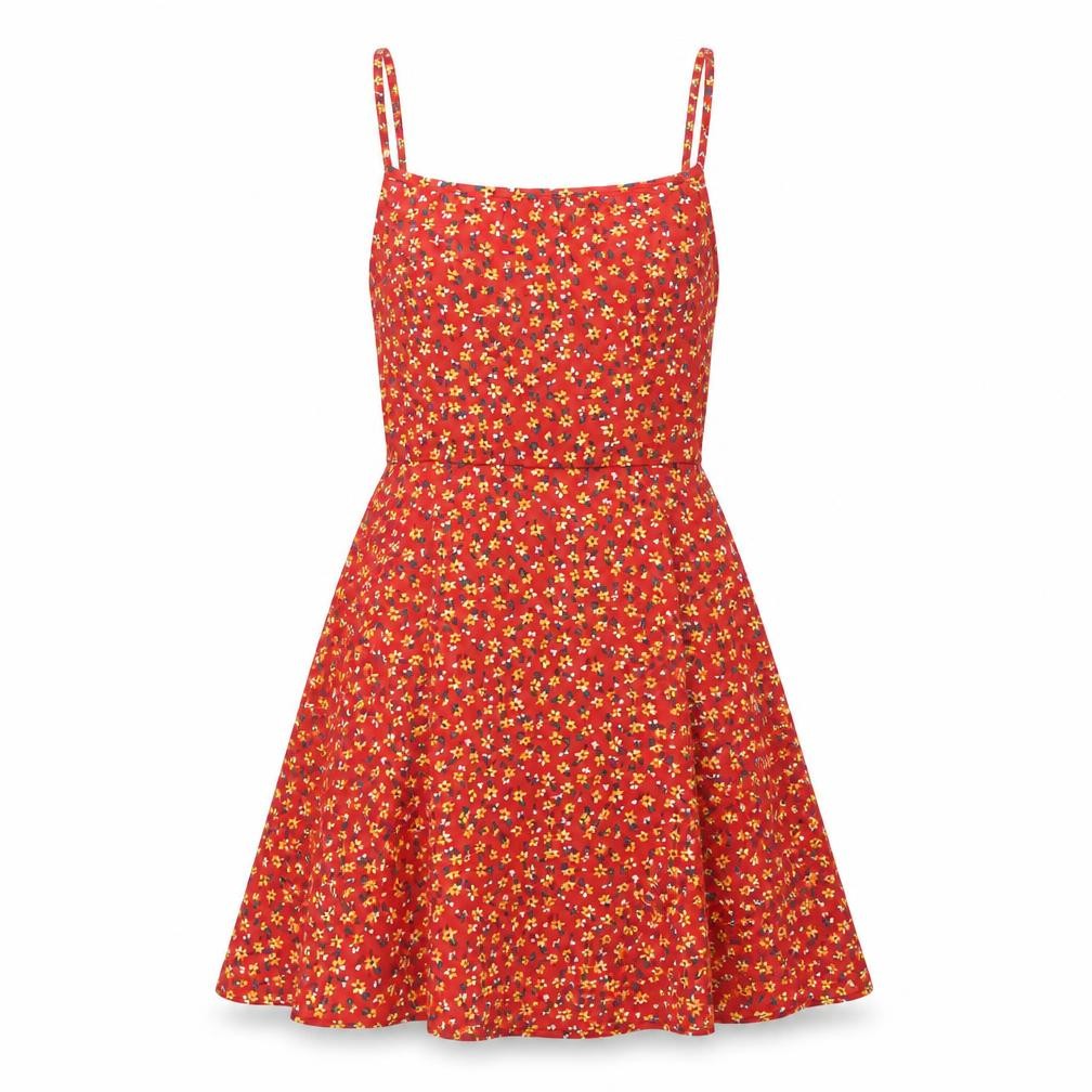 Front view of SHEIN women’s red floral polyester a-line, size XS, square neck tie