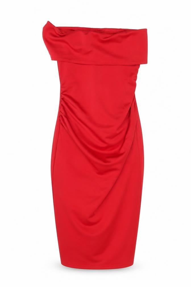 Front view of Boohoo women’s red polyester bodycon, size UK 10, off the shoulder pullover - bandeau