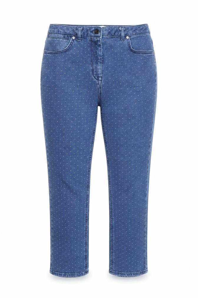 Front view of Country Casuals women’s blue polka dot cotton straight jeans, size UK 12, regular zip