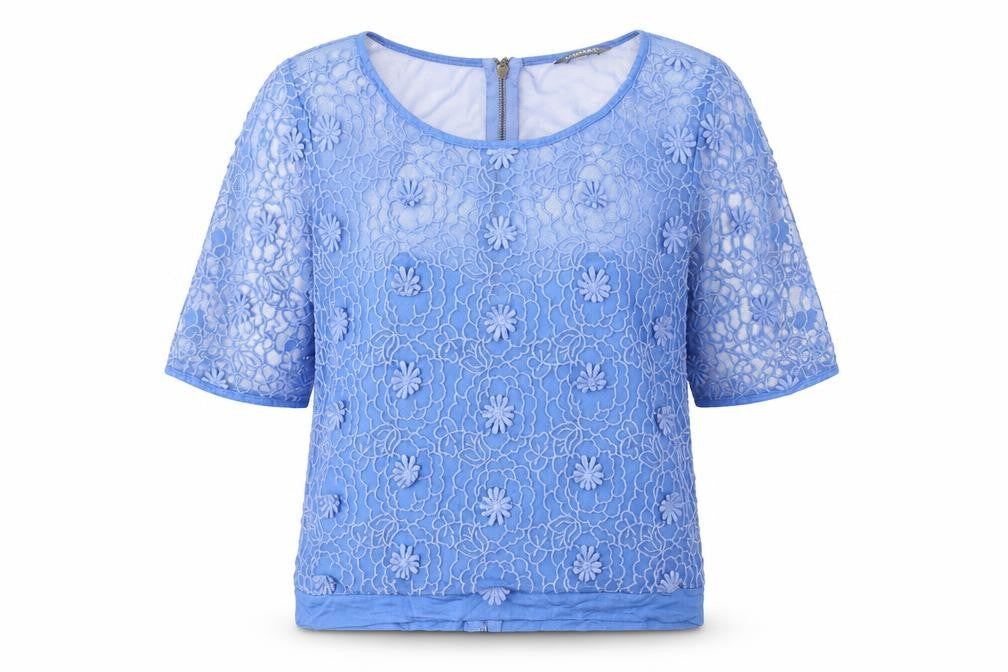 Front view of Limited Edition women’s blue geometric cotton basic blouse, size UK 12, round neck