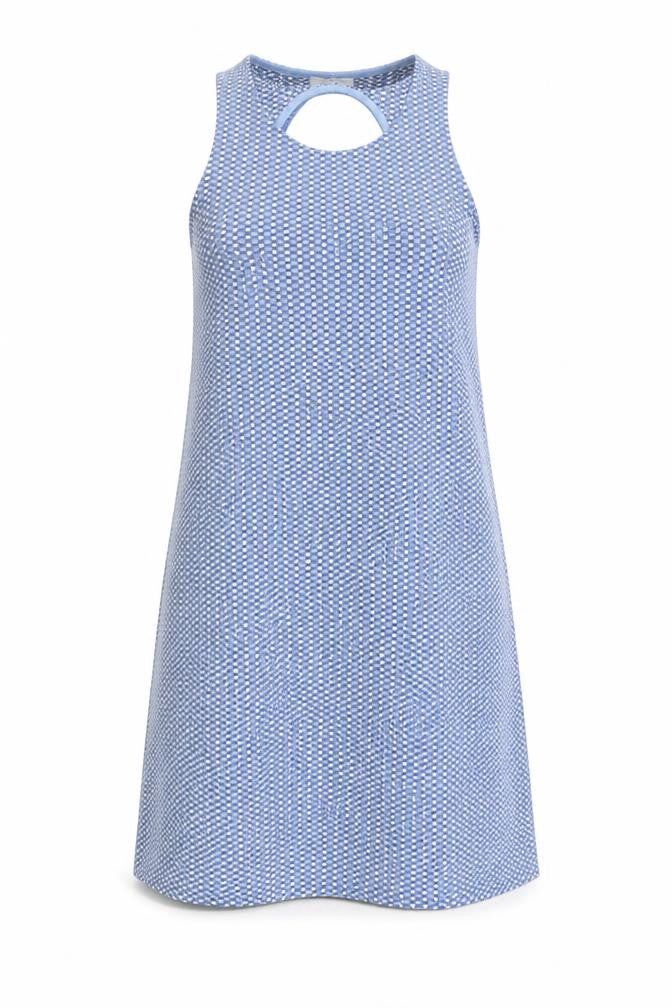 Zara Womens Blue Geometric Polyester A-Line Size 10 Scoop Neck Pullover - Cut Out Back Detail
