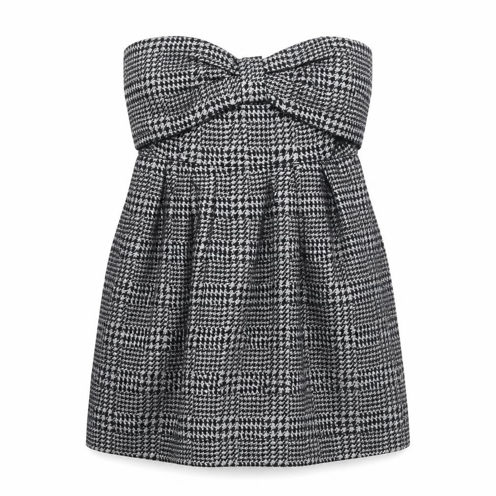 Preworn Womens Black Plaid Cotton Mini Size 10 Off the Shoulder Zip