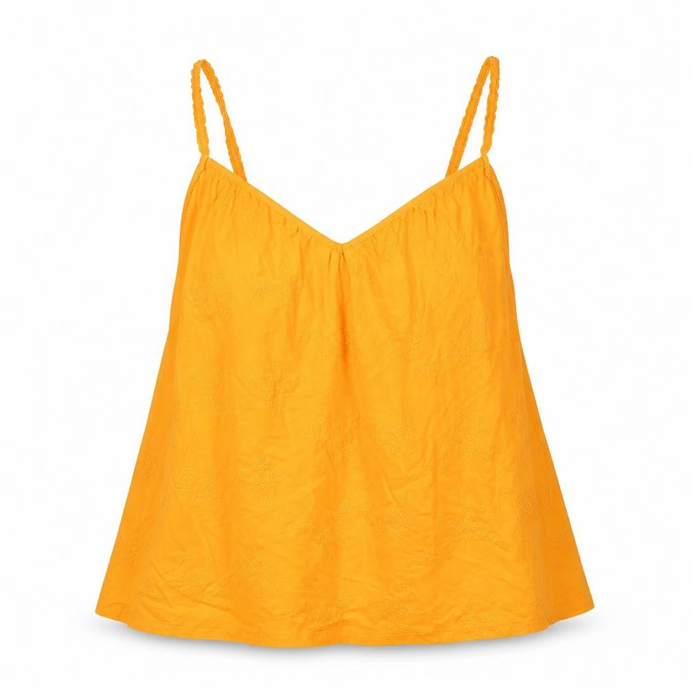 Front view of Per Una women’s orange 100% cotton basic tank, size UK 8, v-neck