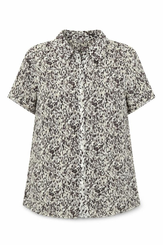 Front view of Marks & Spencer women’s brown geometric polyester basic button-up, size UK 16, collared