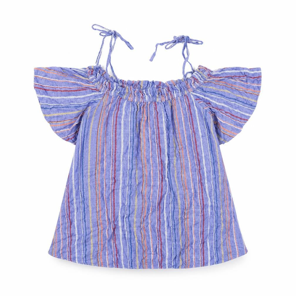 Front view of River Island women’s blue striped 100% cotton basic blouse, size M, boat neck