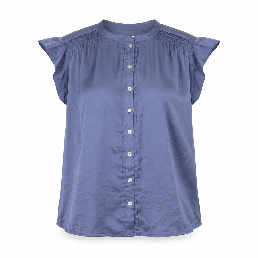 Front view of Gharani Strok women’s blue polyester basic button-up, size S, round neck