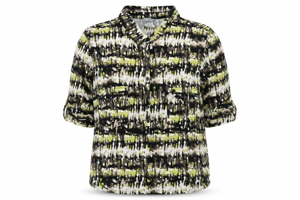 Front view of Marks & Spencer women’s brown geometric 100% cotton basic button-up, size UK 18, collared