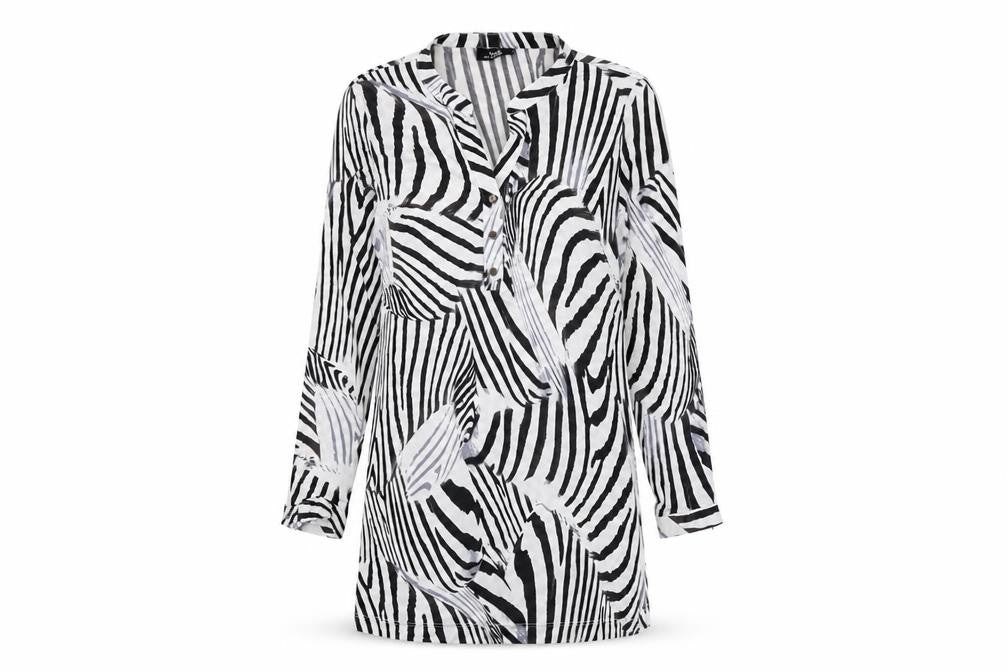 Front view of Wallis women’s black geometric viscose shift, size M, v-neck button