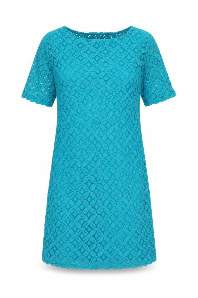 Front view of Epilogue women’s blue 100% cotton shift, size UK 10, boat neck zip