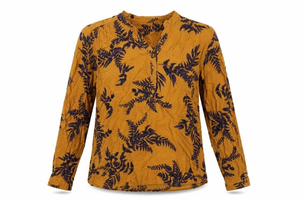 Front view of b.young women’s brown geometric viscose basic blouse, size UK 8, v-neck - leaf print