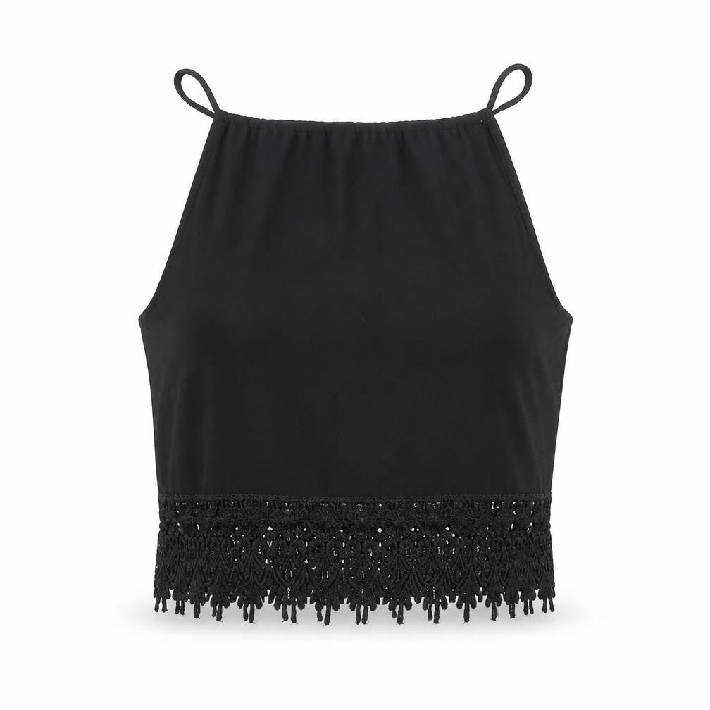 Front view of Preworn women’s black polyester cropped tank, size S, boat neck