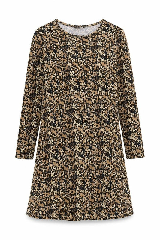 Front view of Pep&Co women’s blue animal print 100% cotton a-line, size UK 8, round neck pullover - jaguar print