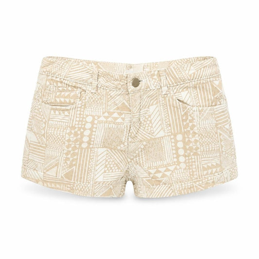 Front view of H&M women’s beige geometric cotton boyfriend shorts, size UK 6, regular zip