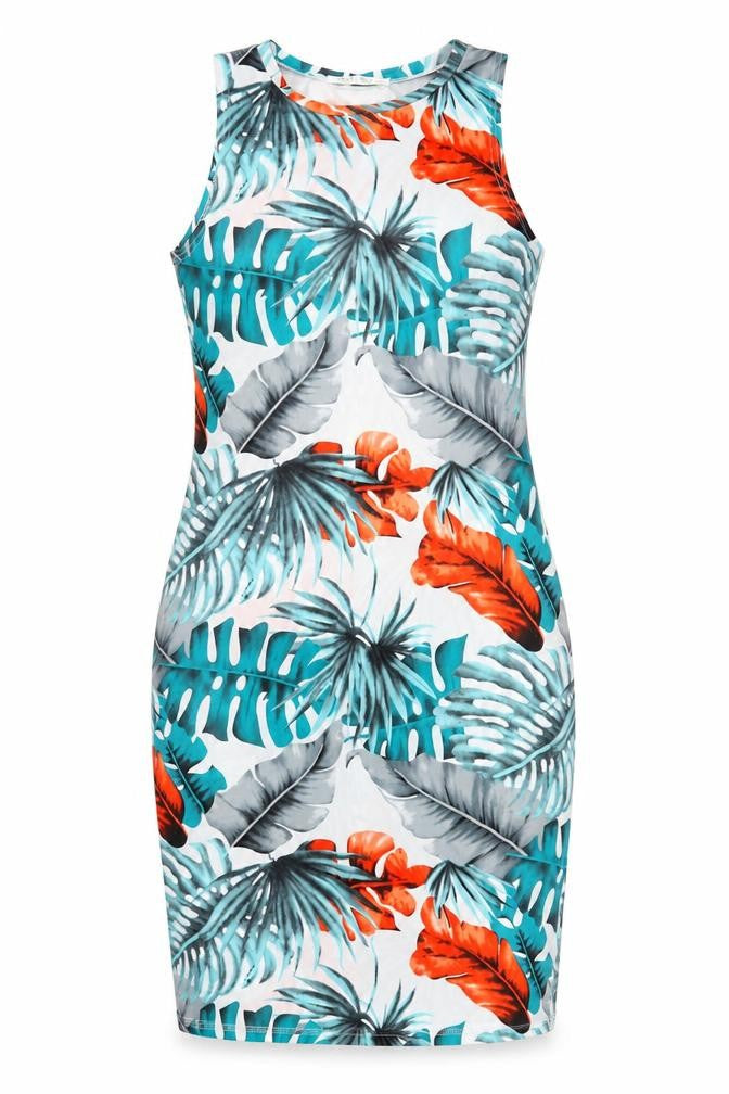 Front view of Brave Soul women’s multicoloured geometric polyester tank dress, size M, boat neck pullover - leaf pattern