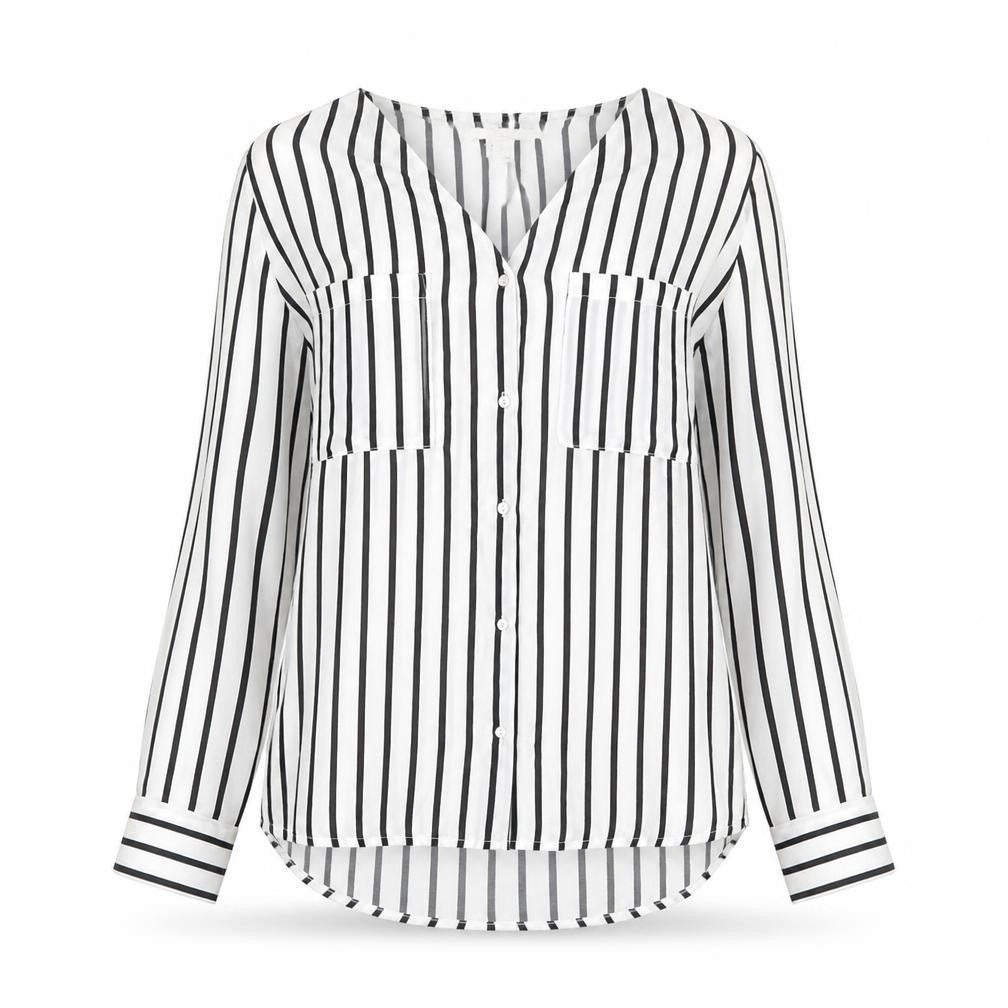 Front view of H&M women’s white striped polyester basic button-up, size UK 10, v-neck