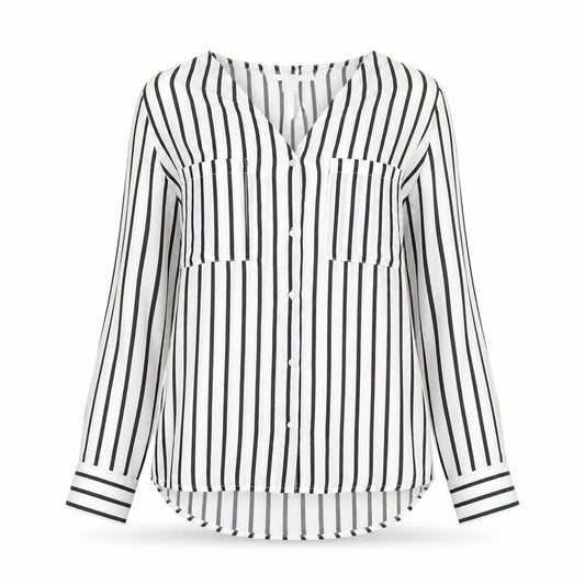 Front view of H&M women’s white striped polyester basic button-up, size UK 10, v-neck