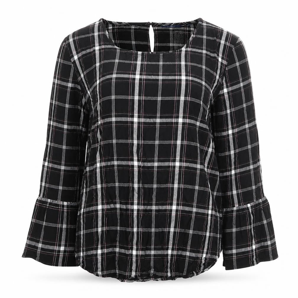 Front view of Tom Tailor women’s black plaid viscose basic blouse, size UK 8, scoop neck