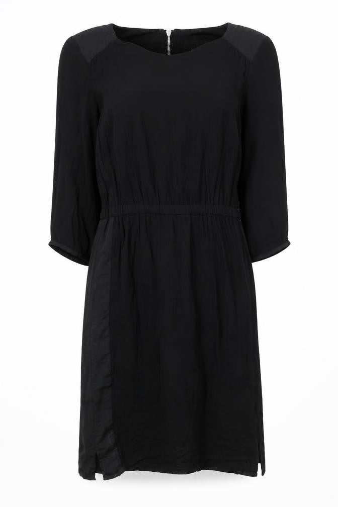 Front view of H&M women’s black polyester shift, size UK 6, boat neck zip