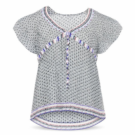 Front view of F&F women’s green geometric polyester a-line, size M, v-neck tie
