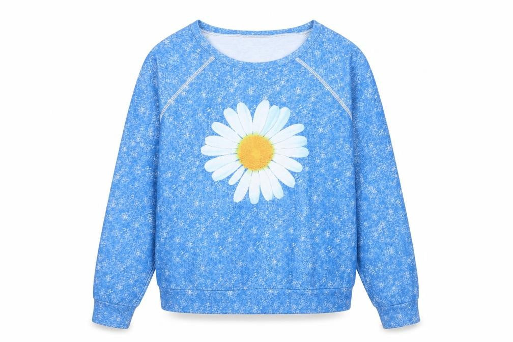 Front view of Sheilay women’s blue polyester basic blouse, size L, scoop neck - daisy