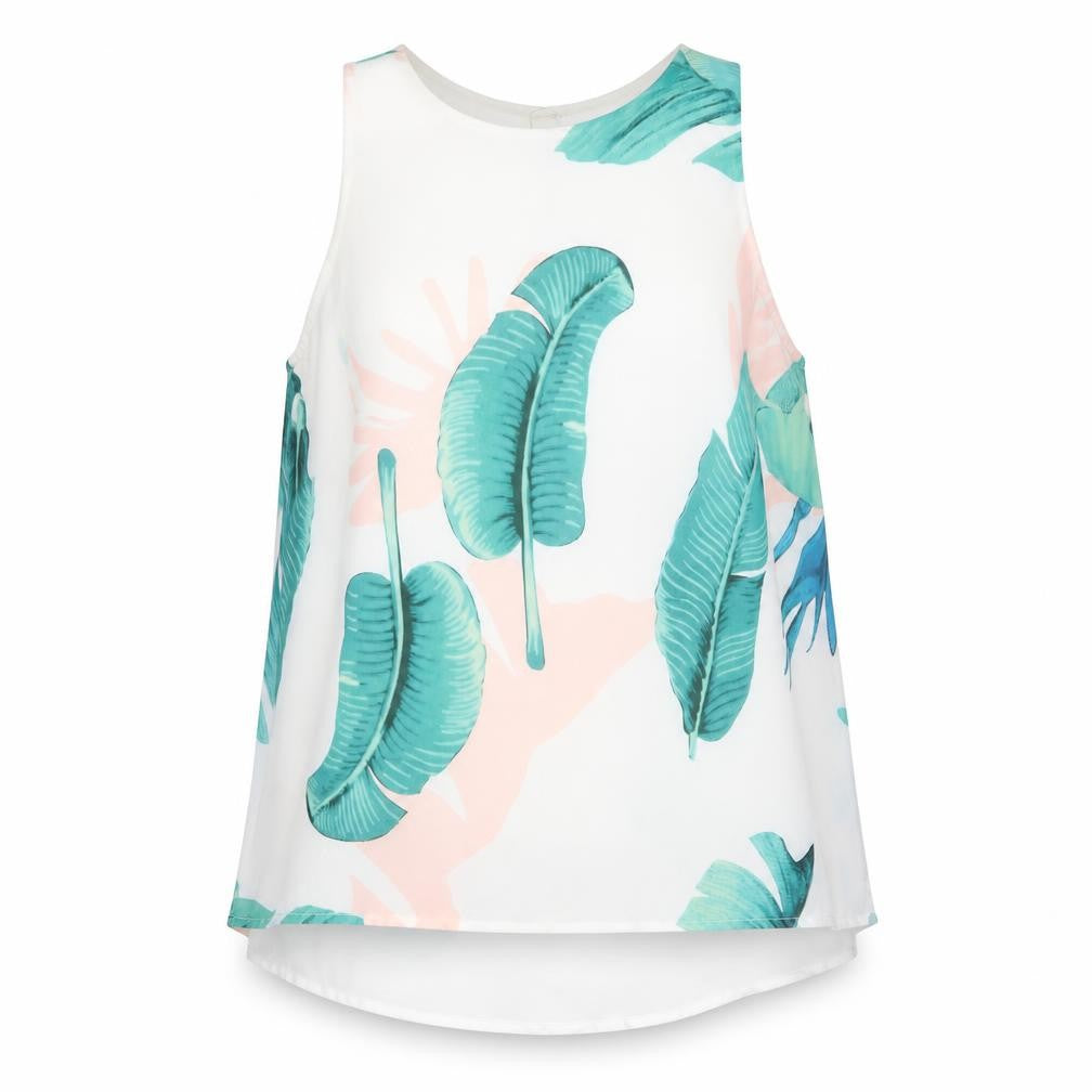 Front view of Yoins women’s white geometric polyester basic tank, size M, round neck - leaf print