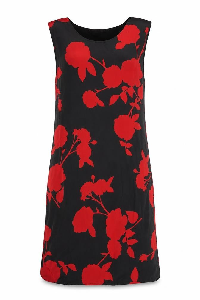 Front view of My Swag women’s black floral polyester shift, size S, round neck pullover