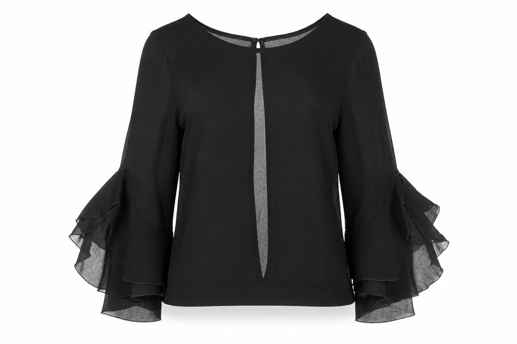 Front view of Zack women’s black polyester basic blouse, size M, boat neck - bell sleeve, open back