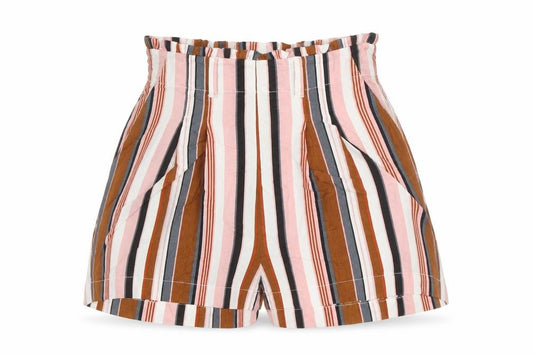 Front view of Primark women’s multicoloured striped viscose paperbag shorts, size UK 4, regular pull on