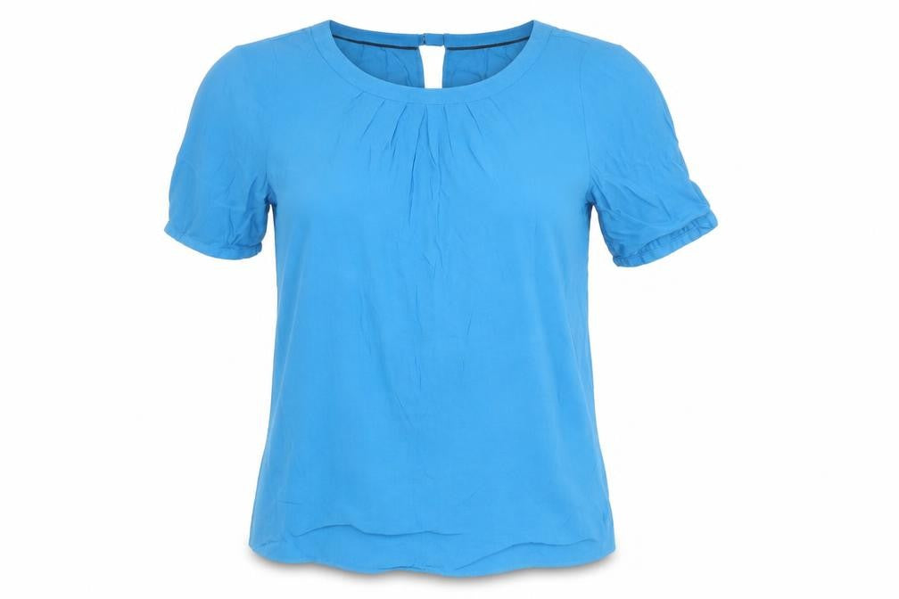 Front view of Baby Boden women’s blue viscose basic t-shirt, size UK 6, round neck