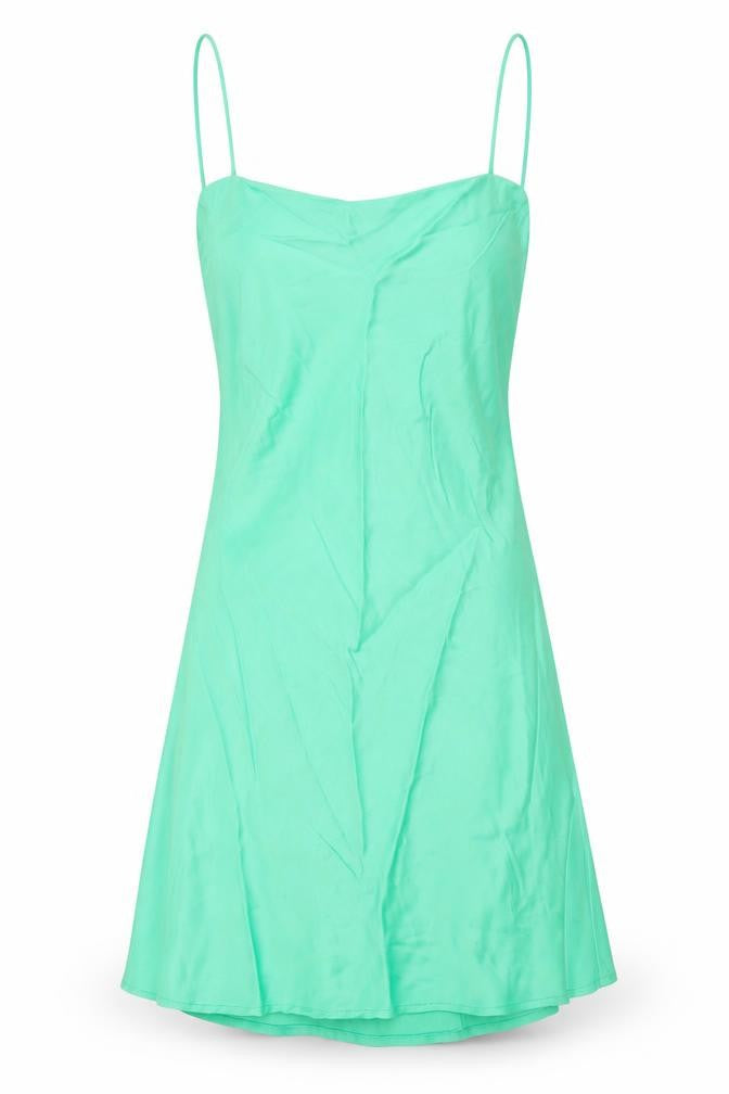 Front view of Zara women’s green viscose slip dress, size S, square neck pullover