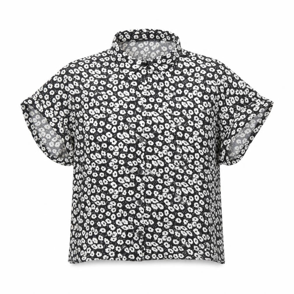 Front view of Atmosphere women’s black floral viscose basic button-up, size UK 8, collared