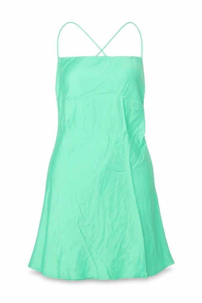 Front view of Zara women’s green viscose mini, size M, cowl neck pullover