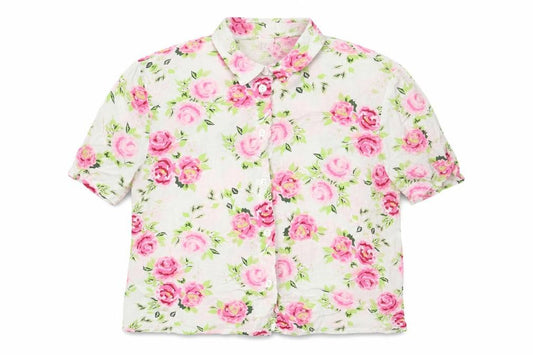 Front view of Divided by H&M women’s multicoloured floral viscose basic button-up, size UK 6, collared