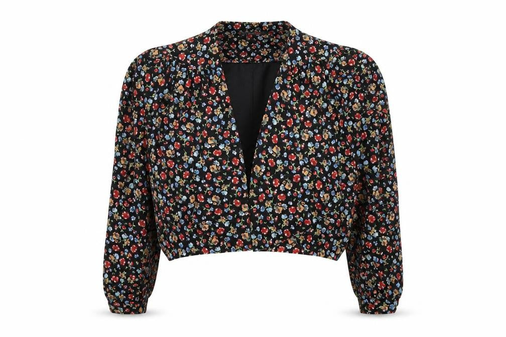Front view of Love Label women’s black geometric jacket blazer, size L, hook & eye