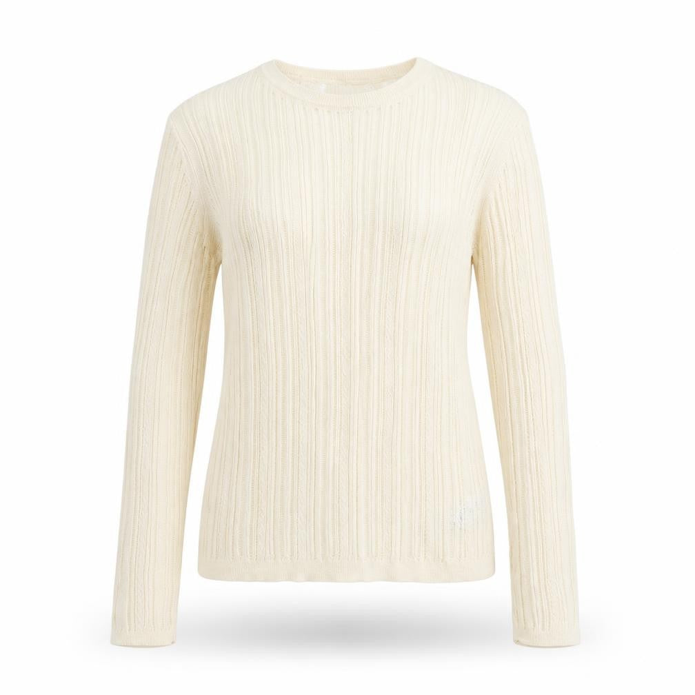 Front view of Marks & Spencer women’s beige scoop neck polyester jumper, size M