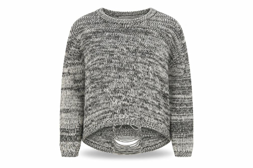 Front view of H&M women’s grey boat neck acrylic jumper, size M, - distressed back