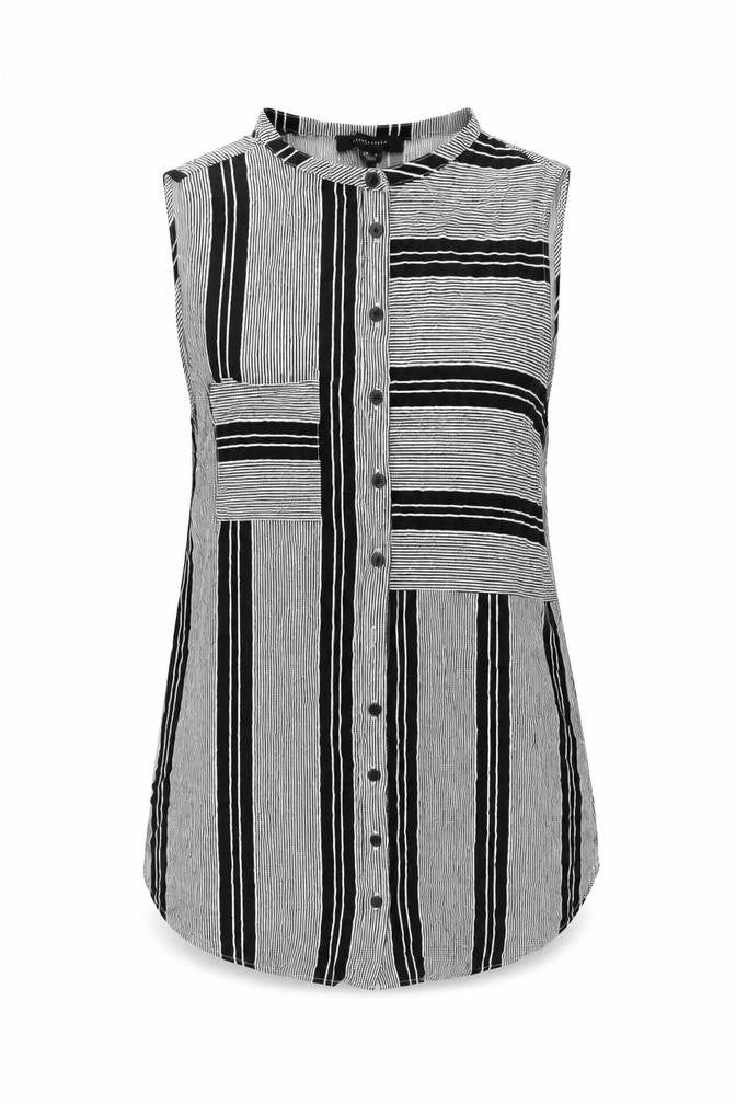 Front view of Atmosphere women’s black striped viscose basic blouse, size UK 10, boat neck