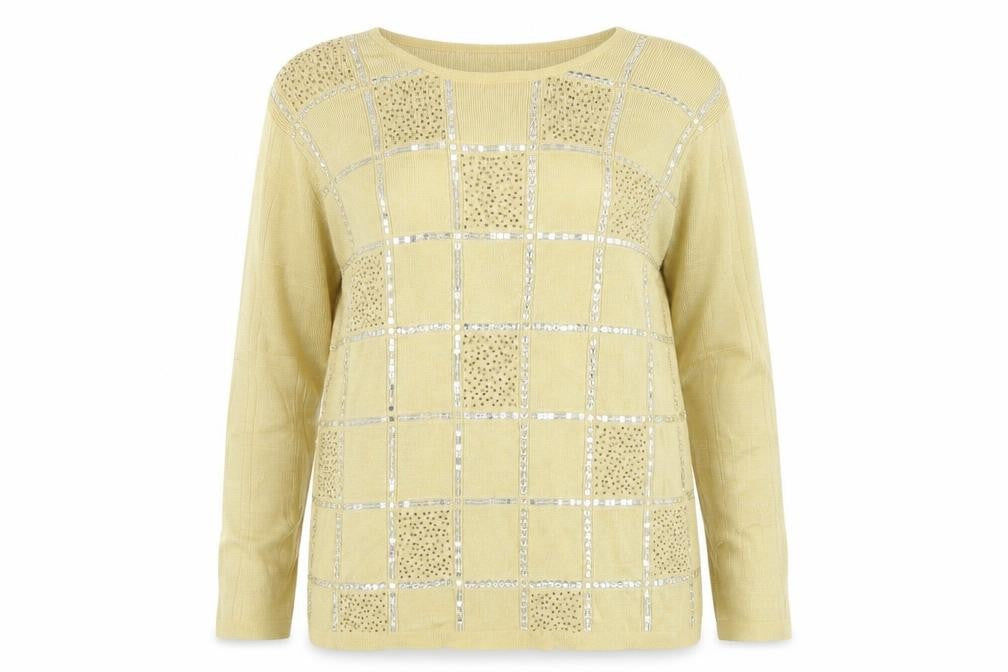 Front view of Jumper women’s beige scoop neck check acrylic jumper, size L