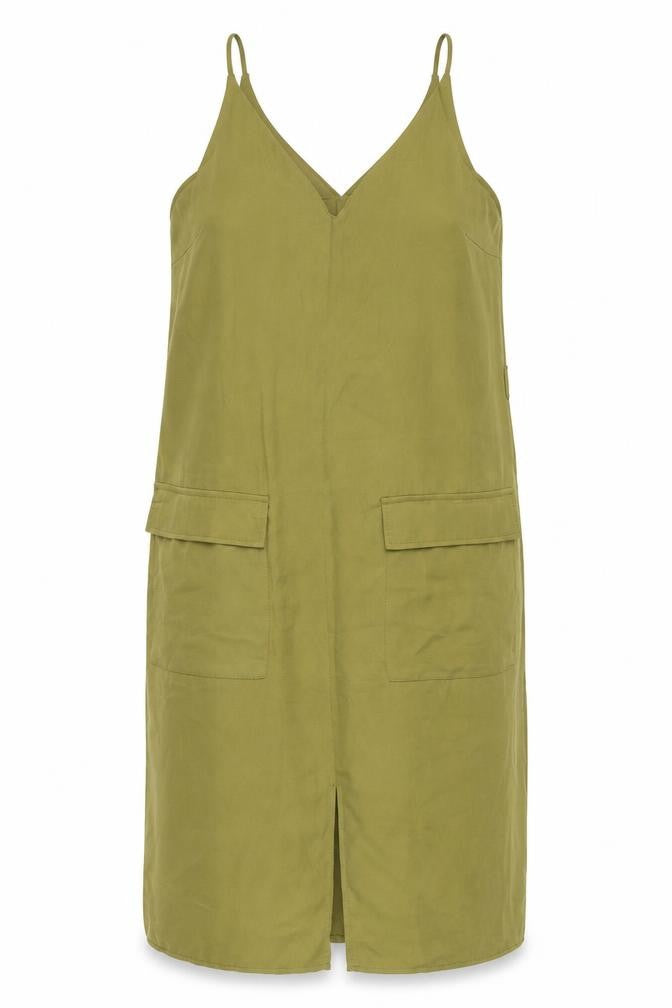 Front view of Atmosphere women’s green polyester tank dress, size UK 12, v-neck pullover