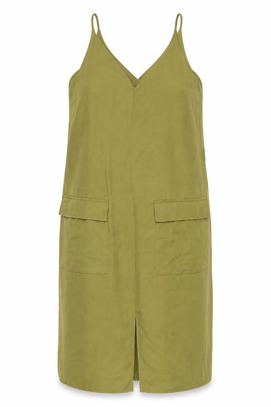 Front view of Atmosphere women’s green polyester tank dress, size UK 12, v-neck pullover