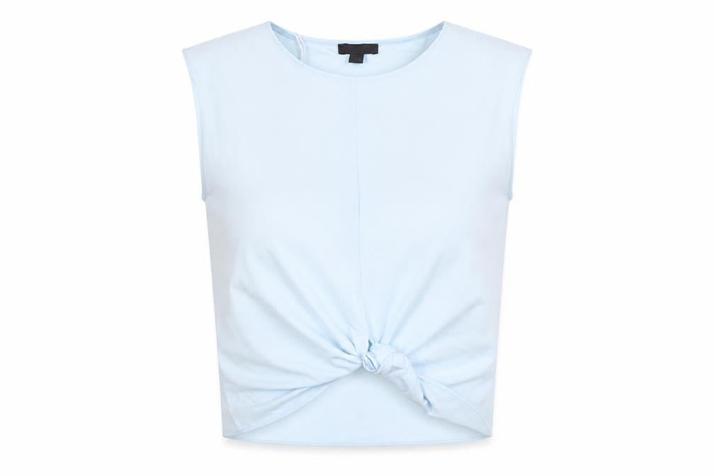 Front view of Primark women’s blue polyester cropped tank, size UK 8, round neck
