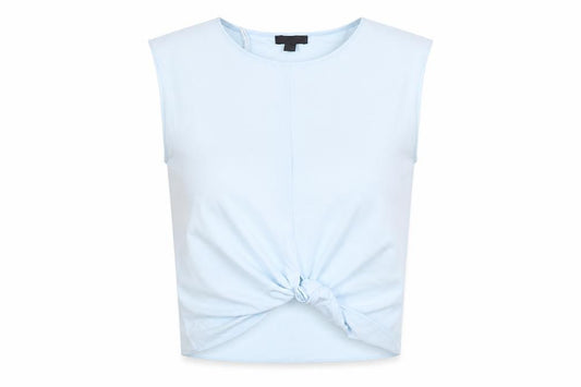 Front view of Primark women’s blue polyester cropped tank, size UK 8, round neck