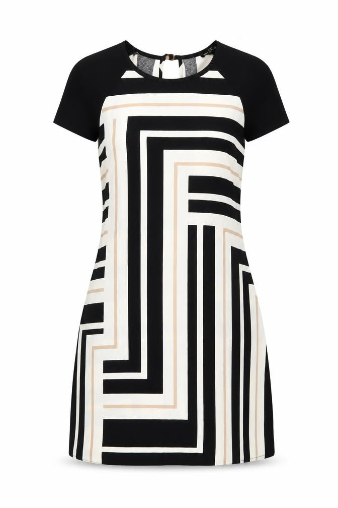 Front view of River Island women’s multicoloured geometric polyester a-line, size UK 8, round neck button