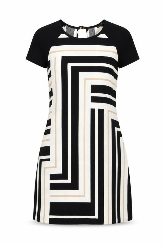 Front view of River Island women’s multicoloured geometric polyester a-line, size UK 8, round neck button