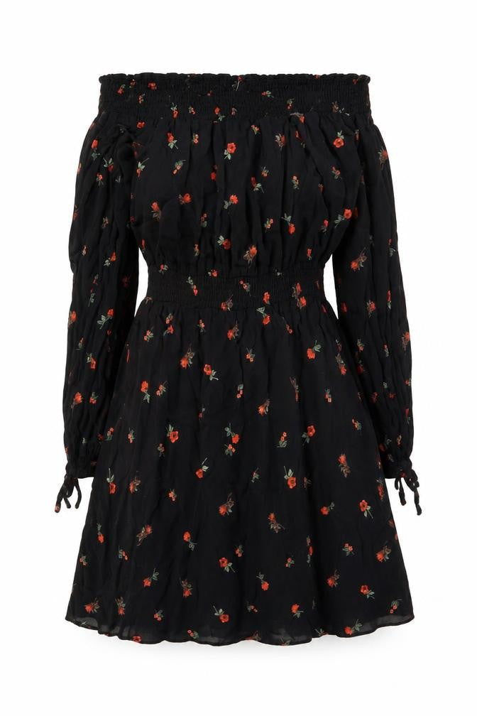 Front view of New Look women’s black geometric viscose a-line, size UK 6, off the shoulder pullover